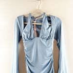 Oh Polly Short and Sweet Halter Cutout Long Bell Sleeve Mini Dress Blue 6 Photo 3