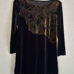 Soma Black Velvet Tunic Top Gold Metallic Print Stretchy Fall Goth 3/4 Sleeve Photo 0