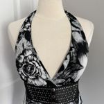 Y2K BLACK AND WHITE ROSE PRINT BELTED HALTER‎ NECK TANK TOP Size L Photo 1