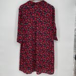 New York Company Floral Print Shirt Dress Navy Red XL Roll Tab Sleeve Photo 4