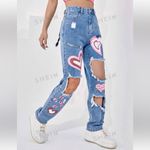 SheIn ❤️93  Heart Distressed Straight High Rise Jeans 6 wide leg Photo 3