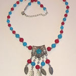 Turquoise Color and Red Beaded Boho Silver Tone Feather Necklace Blue Photo 0