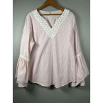 Spence Pink White Striped Top 3/4 Sleeve Floral Lace‎ Embellished Blouse Size L Size L Photo 2