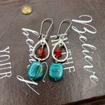 Handmade Vintage Beaded Earrings | Red + Turquoise Glass | Stainless Steel Hooks Photo 0