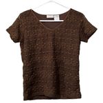 Worthington Stretch Women Size Medium Embroidered‎ Short Sleeve Office Career Brown Photo 0