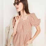 Old Navy Smocked Plaid Puff-Sleeve Babydoll Top Size Large Pink Beige Cream Photo 1