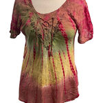 Sakkas Free Size Womens Tie Dye Top Boho Festival Indie Lace Up Fairy Embroider Red Photo 0