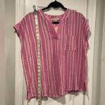 NWT Coastal Comfort Size S Pink Stripe Linen Blend Split Neck Short Sleeve Top White Photo 12