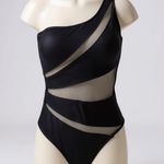 WDIRARA Black One-Shoulder Mesh Cut Out One-Piece Swimsuit. Size Large Photo 0