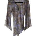 Star City Y2K Small Blue Paisley Retro Hippie Artsy Asymmetrical Sheer Top rain Photo 0