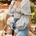 House Of CB  Millicent Top Blue Floral Puff Long Sleeve Tie Front Blouse Photo 0