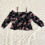 Olivaceous Black Pink Floral Cold Shoulder Flowy Puff Sleeve Romantic Blouse Photo 41