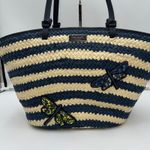 Kate Spade New York Straw Tote Bag Navy Blue White Stripe Dragonfly Embellished Photo 1