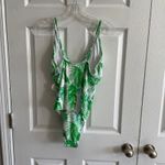 Sugar Coast One‎ Piece Swimsuit Cut Out Tropical Palm Print Green White Sz L NWT Size L Photo 3