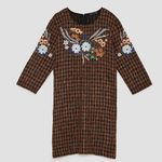 ZARA  Wool Tweed Checkered Dress w/Embroidered Flowers and Sequin Pattern Photo 0