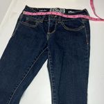 SO  skinny dark wash jeans juniors size 1 xs gold orange stitch belt loops Photo 3