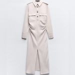 ZARA NWT  Woman Draped Waist Midi Dress Tailored Collared Ruched Ivory Size S Photo 4