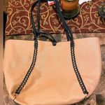 BCBG Paris Womens Black Tan Gold Reversible Leather Chain Tote Bag Photo 3