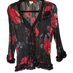 Agora Blouse Size L Black Red Floral Sheer Ruffle Button Front Crinkled Bohemian Size L Photo 0