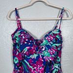Catalina Women XL Blue Purple Floral One Piece Swimsuit Twist Front Spaghetti Photo 2
