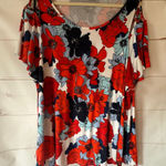 Westport Red & Blue Floral Cold Shoulder Top with splits in sleeves size3X Photo 0