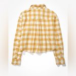 American Eagle  Cropped Flannel Plaid Button Down Long Sleeve Cotton Yellow Cream Photo 9