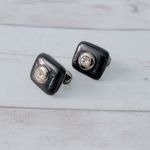 Liz Claiborne Vintage  Clip On Earrings Black Rounded Square with Clear Gem Photo 3