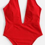 Red Deep V One Piece Swimsuit Photo 0