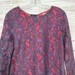 WAYF Navy and Red Lace Overlay Sheer Bell Sleeve Tie Back Dress, EUC, Medium Photo 2