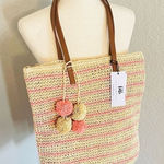 btb Los Angeles Lucy Tote, Straw Woven Pom Pom Vacation Beach Bag, Natural, NWT Tan Photo 0