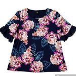 JM Collection  Women’s NAVY PINK ORANGE BEADED FLORAL Short sleeve top Large Photo 0