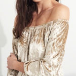 Hollister Crushed Velvet Off-Shoulder Blouse - Cream and Gold WORN ONCE Photo 0