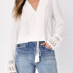 Lulus Bali Daydream White Lace Boho Peasant Prairie Long Sleeve Tie Hem Top SM Photo 0