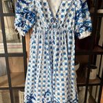 Anthropologie Block print Maxi dress vneck puff sleeve bump friendly tie front farmers market Photo 5