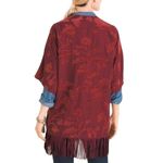 Chico's | S/M | Chenille Floral Jacquard Ruana Maroon Kimono Fringe Cardigan Photo 3