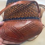Woven Blue & Brown Crossbody Bucket Bag Leather Patterned Top Closure Straps Photo 13