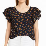 Blue Floral Flouncy Ruffled Bat Wing Sleeve Top Size M Photo 0