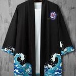 Men Wave & Crane Print Drop Shoulder Kimono Blue Size undefined Photo 0