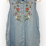 Terre Bleue Chambray Embroidered Floral Chambray Denim Dress L Boho Western Blue Size L Photo 0