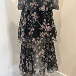 None VTG 60-70s Black Chiffon Tiered Midi Dress Pink Floral Coquette Fairy Cottage XS Photo 5