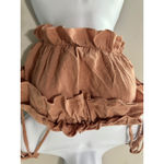 MIOU MUSE Women's Brown Ruffle Tie Strap Crop Top Size S Linen Blend Tan Photo 2