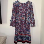 Tacera  Women's Red White Blue Bell Sleeve Shift Dress Size Large‎ Photo 5