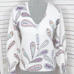 Loft  Paisley Raglan V Neck Pullover Sweater White Purple Petite Small Photo 0