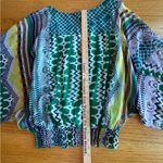 Metro  22 Tunic Top Women 1X Embellished Sheer Lined Green Geometric Short Sleeve Photo 6