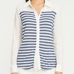Ella Moss  Anthropologie Button up Blouse Striped Blue White Medium Coastal Fall Photo 0