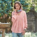 Sundance  Julia Red Smocked Top Elastic Cuffs V-Neck Size Medium Shirt Babydoll Photo 6