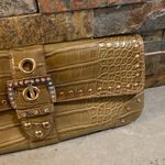 Kathy Van Zeeland  Python Snakeskin Top Zip Clutch Green Beige Rhinestones Photo 2