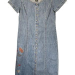 Eddie Bauer 90s VTG  Women Embroidered Floral‎ Denim Button Down Dress Blue Photo 0