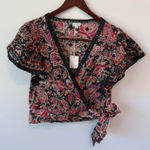 Jennifer Grace Colorful Floral Side-Tie Flutter Sleeve Faux Wrap Top Sz XL NWT Photo 0