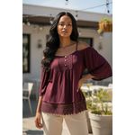 Tobi  M Cold Shoulder Lace Trim Blouse Maroon Flare Sleeve Boho Coquette Romantic Photo 13
